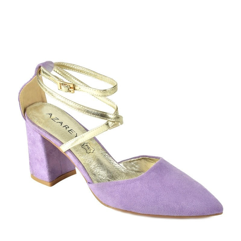 AZAREY Sandalen in Lila, aus Wildlederimitat, mit goldenen Riemen und Lederfußbett