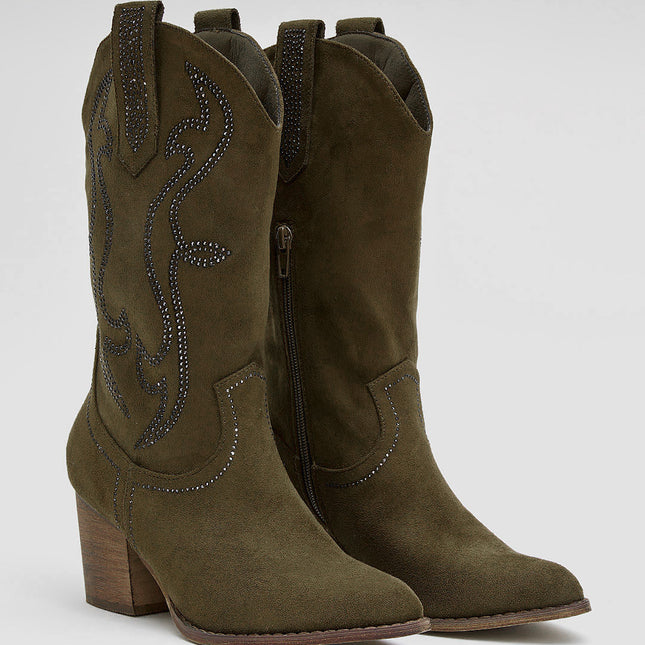 Buonarotti Cowboy Stiefel Armee Grün Suedine Strass