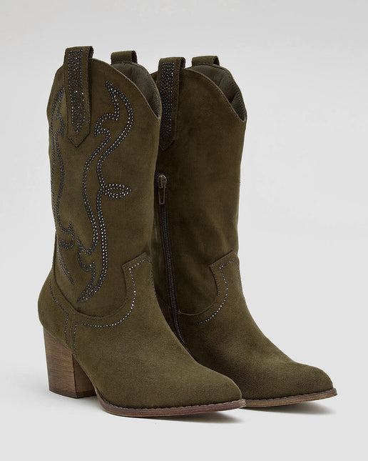 Buonarotti Cowboy Stiefel Armee Grün Suedine Strass