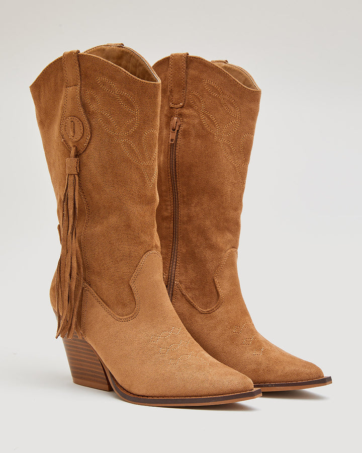 Buonarotti Cowboystiefel, kamelfarben, aus Wildlederimitat, mit Fransen