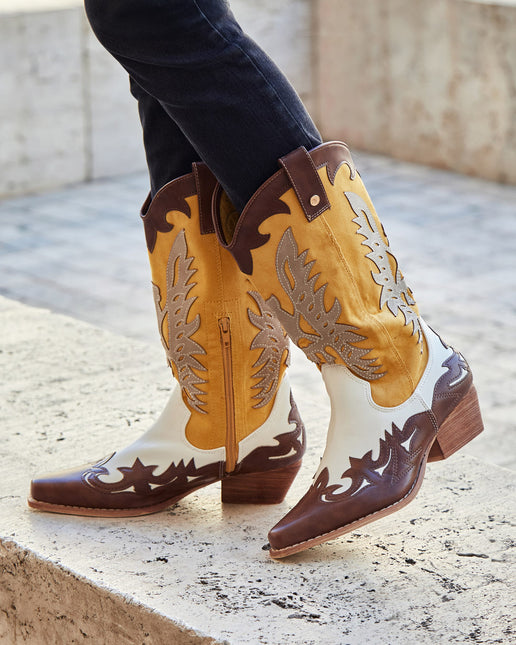 Buonarotti Cowboy Stiefel Weiß Retro Gelb