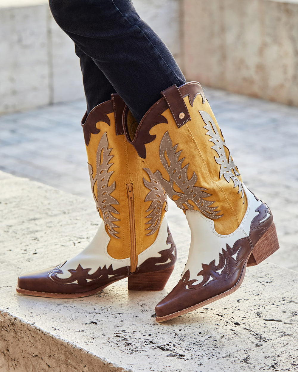 Buonarotti Cowboy Stiefel Weiß Retro Gelb