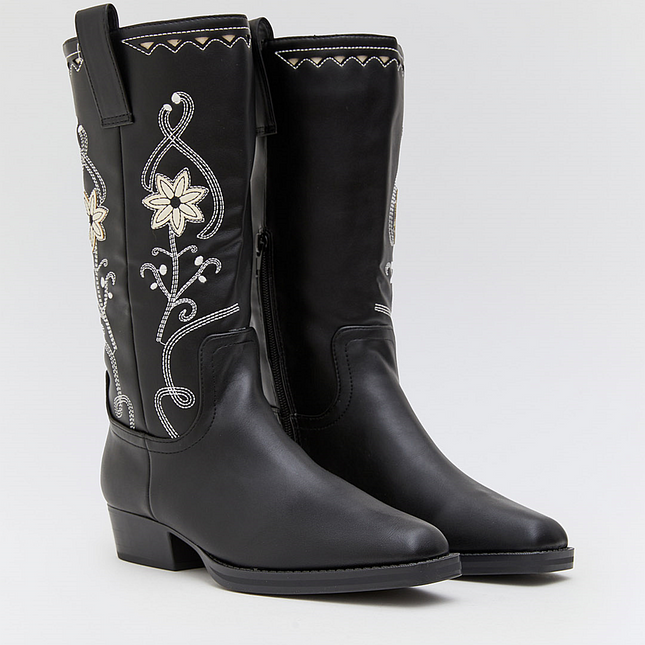 Buonarotti Cowboystiefel Schwarze Blumenstickerei