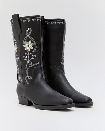 Buonarotti Cowboystiefel Schwarze Blumenstickerei