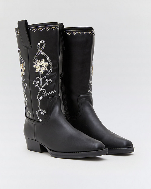Buonarotti Cowboystiefel Schwarze Blumenstickerei