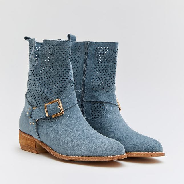 Buonarotti Stiefelette Blau Suedine Schnalle Niedriger Absatz