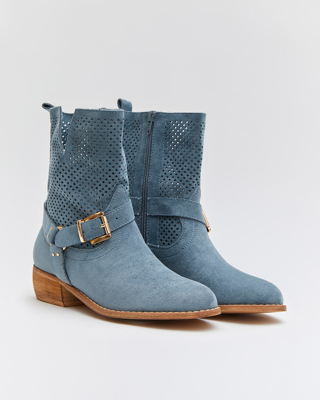 Buonarotti Stiefelette Blau Suedine Schnalle Niedriger Absatz