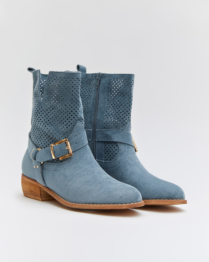 Buonarotti Stiefelette Blau Suedine Schnalle Niedriger Absatz