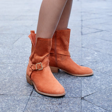 Buonarotti Stiefelette Orange Suedine Schnalle Niedriger Absatz