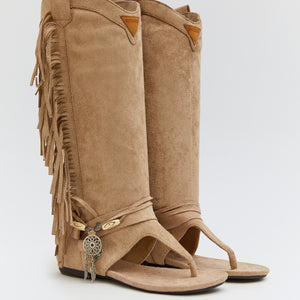 Buonarotti Hohe Ibiza Sandalen Beige Suedine Fransen