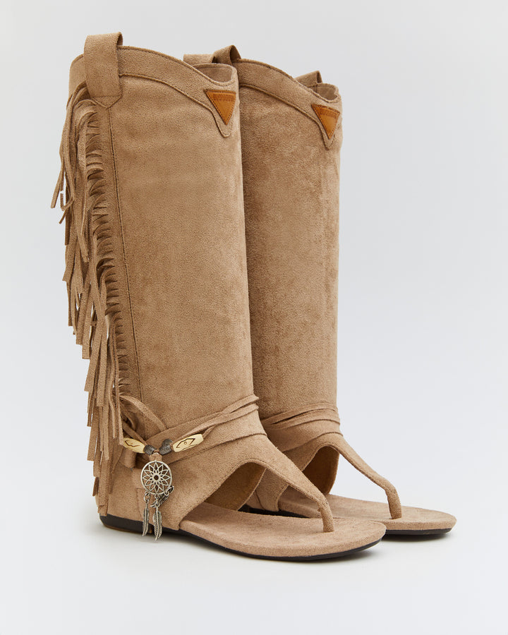 Buonarotti Hohe Ibiza Sandalen Beige Suedine Fransen