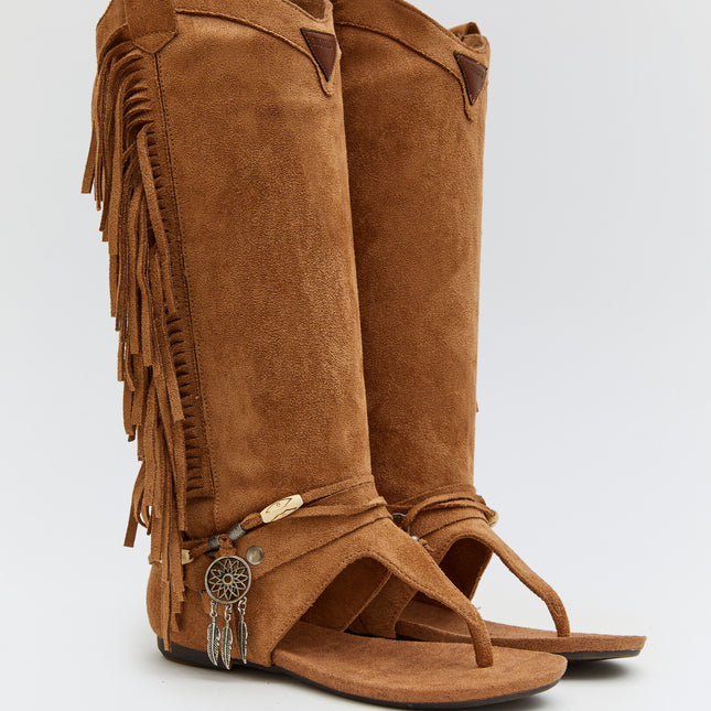 Buonarotti Hohe Ibiza Sandalen Kamel Wildleder Fransen