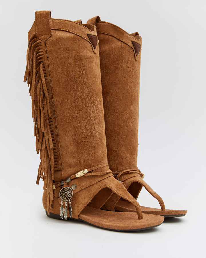 Buonarotti Hohe Ibiza Sandalen Kamel Wildleder Fransen