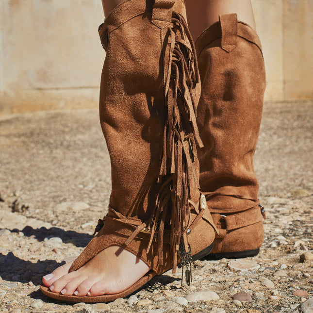 Buonarotti Hohe Ibiza Sandalen Kamel Wildleder Fransen