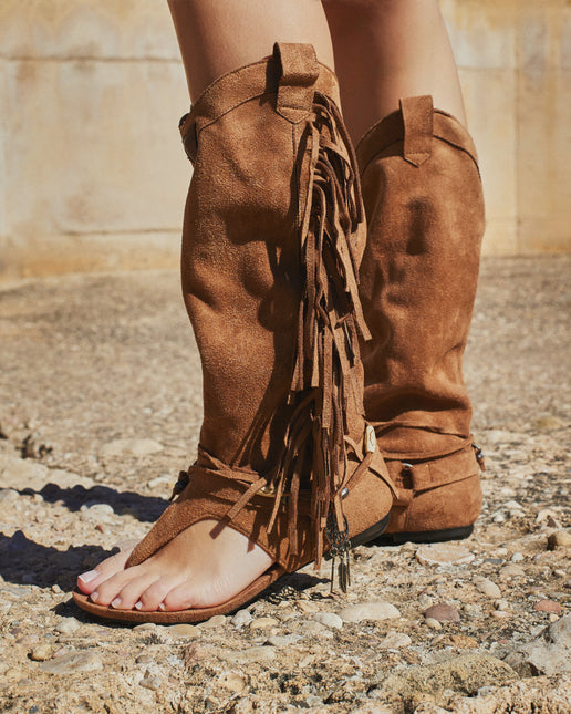 Buonarotti Hohe Ibiza Sandalen Kamel Wildleder Fransen