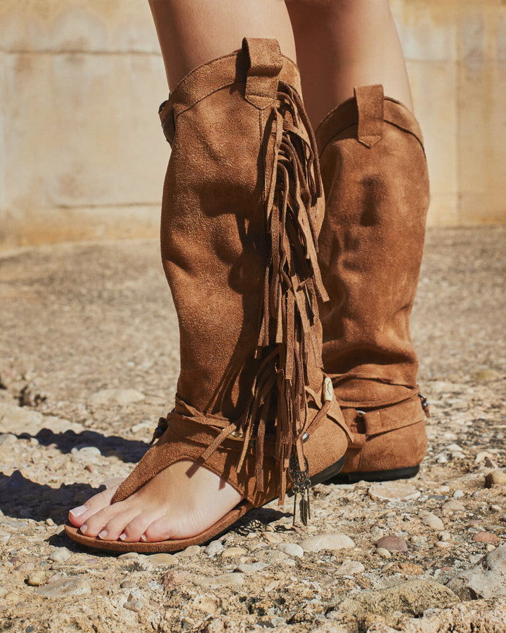 Buonarotti Hohe Ibiza Sandalen Kamel Wildleder Fransen