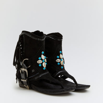 Buonarotti Ibiza Sandalen Schwarz Suedine Fransen