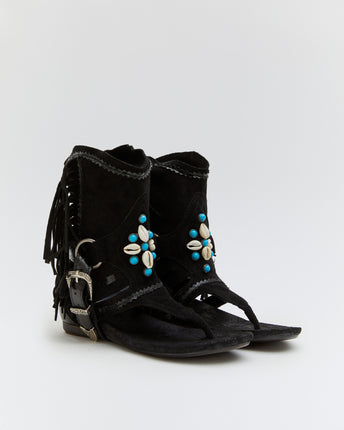 Buonarotti Ibiza Sandalen Schwarz Suedine Fransen