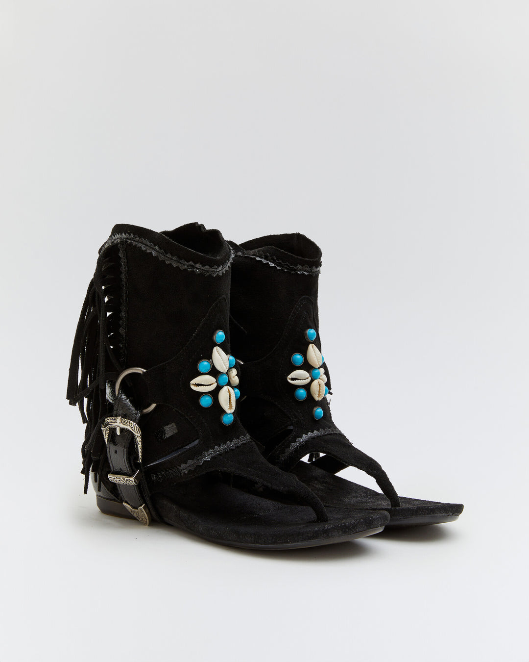 Buonarotti Ibiza Sandalen Schwarz Suedine Fransen