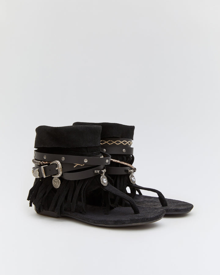 Buonarotti Ibiza Sandalen Schwarz Suedine Schnalle Fransen