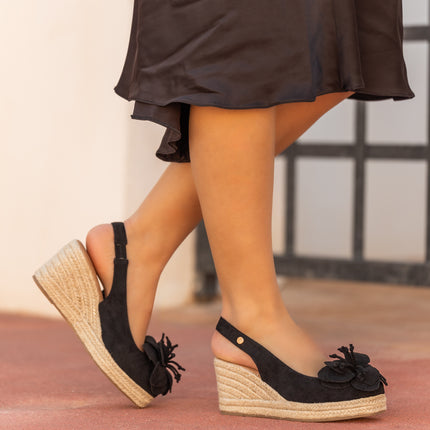 Buonarotti Keilabsatz Sandalen Schwarz Suedine Flower