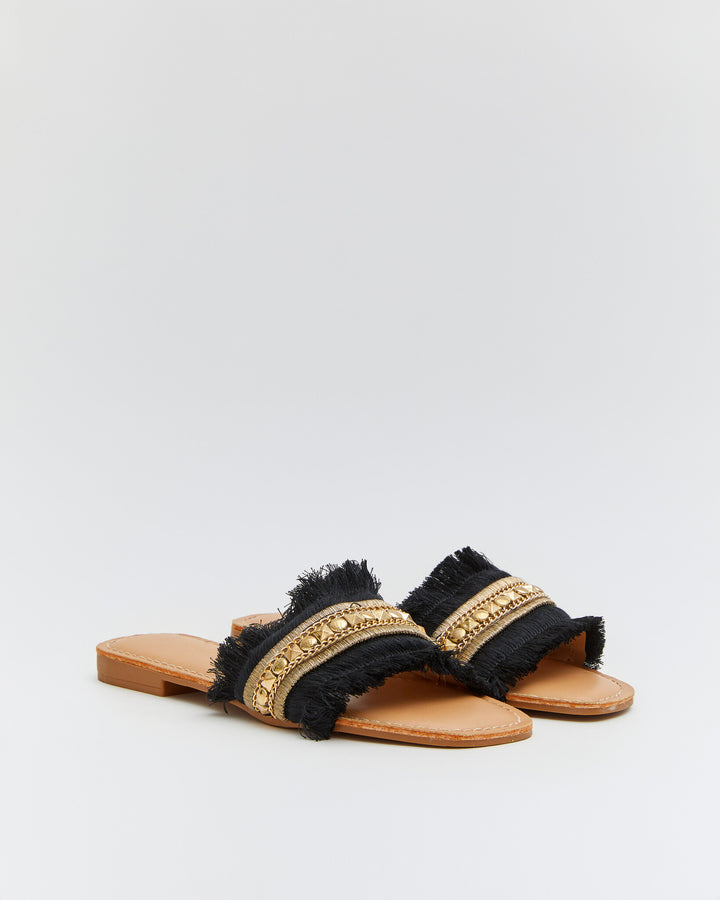 Buonarotti Pantoffeln Schwarz Boho Fransen