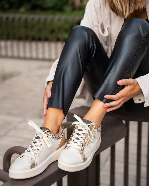 Buonarotti Turnschuhe Beige Leopard Gold Zipper