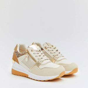 Buonarotti Keil Turnschuhe Beige Zip Gold Leopard