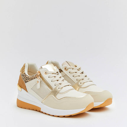 Buonarotti Keil Turnschuhe Beige Zip Gold Leopard