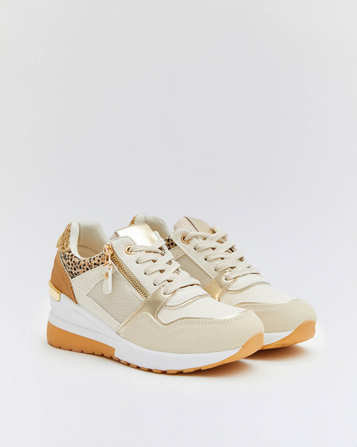 Buonarotti Keil Turnschuhe Beige Zip Gold Leopard