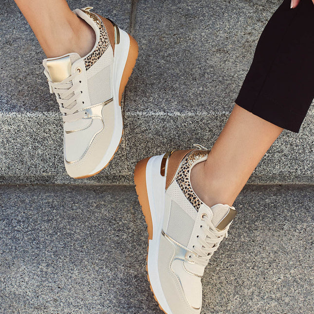 Buonarotti Keil Turnschuhe Beige Zip Gold Leopard