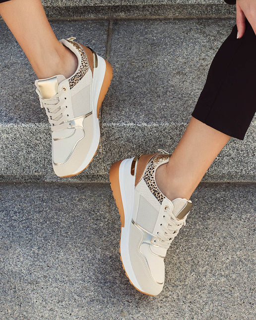 Buonarotti Keil Turnschuhe Beige Zip Gold Leopard