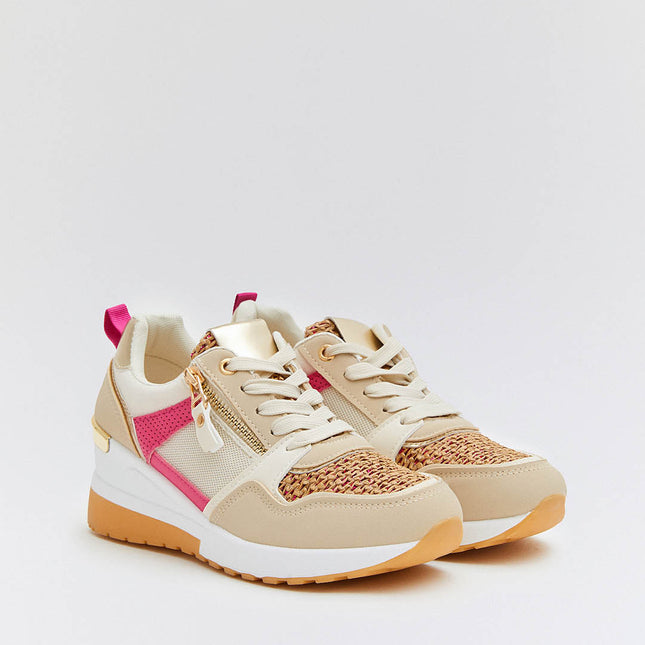 Buonarotti Keil Turnschuhe Beige Zip Rosa Segeltuch
