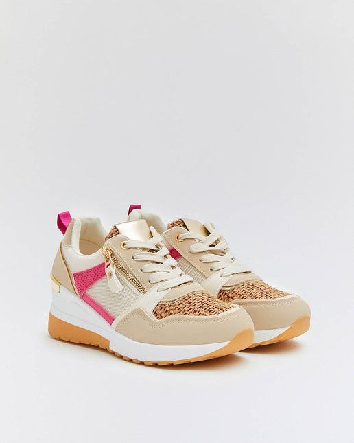 Buonarotti Keil Turnschuhe Beige Zip Rosa Segeltuch