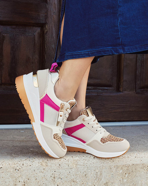 Buonarotti Keil Turnschuhe Beige Zip Rosa Segeltuch