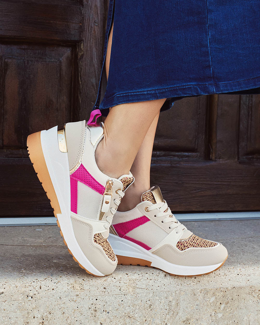Buonarotti Keil Turnschuhe Beige Zip Rosa Segeltuch