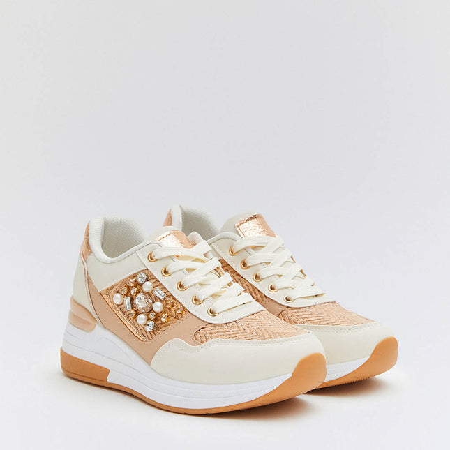 Buonarotti Keil Turnschuhe Weiß Canvas Bronze metallischen Perlen