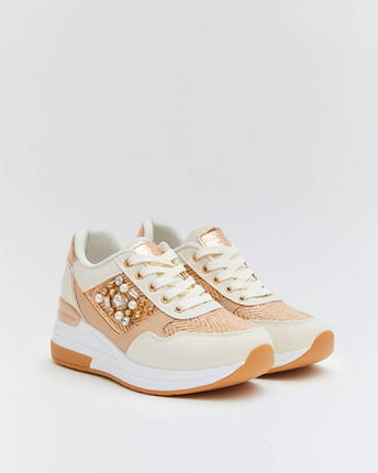 Buonarotti Keil Turnschuhe Weiß Canvas Bronze metallischen Perlen