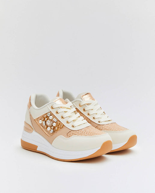 Buonarotti Keil Turnschuhe Weiß Canvas Bronze metallischen Perlen