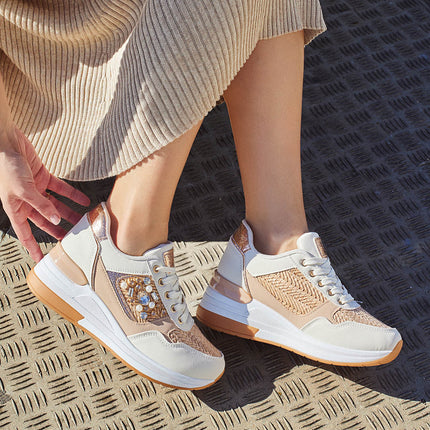 Buonarotti Keil Turnschuhe Weiß Canvas Bronze metallischen Perlen