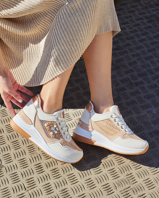 Buonarotti Keil Turnschuhe Weiß Canvas Bronze metallischen Perlen