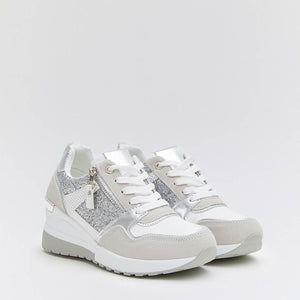 Buonarotti Keil Turnschuhe Weiß Zip Silber Glitzern