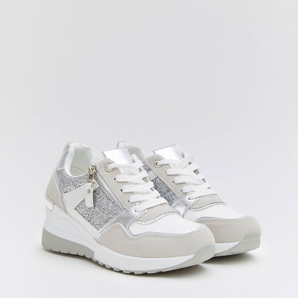 Buonarotti Keil Turnschuhe Weiß Zip Silber Glitzern