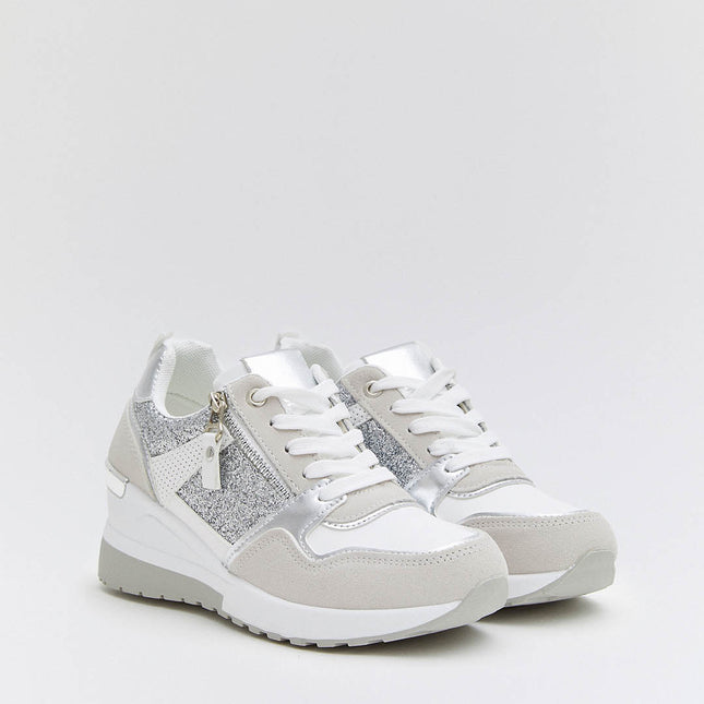 Buonarotti Keil Turnschuhe Weiß Zip Silber Glitzern