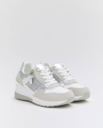 Buonarotti Keil Turnschuhe Weiß Zip Silber Glitzern