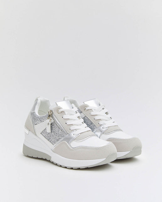 Buonarotti Keil Turnschuhe Weiß Zip Silber Glitzern