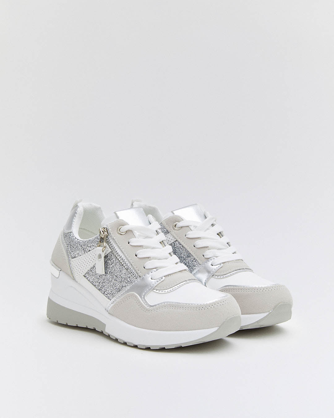 Buonarotti Keil Turnschuhe Weiß Zip Silber Glitzern