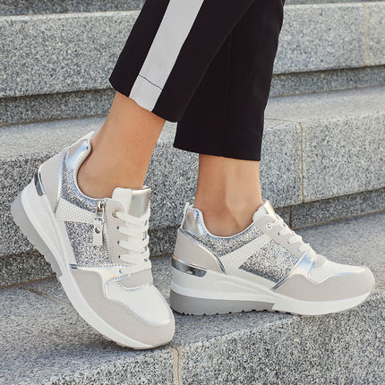 Buonarotti Keil Turnschuhe Weiß Zip Silber Glitzern