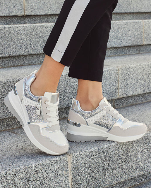 Buonarotti Keil Turnschuhe Weiß Zip Silber Glitzern