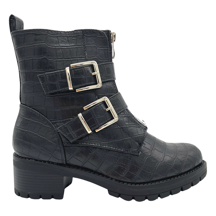 Smile Favorites Biker Boots Schwarz Croc Silberne Schnallen